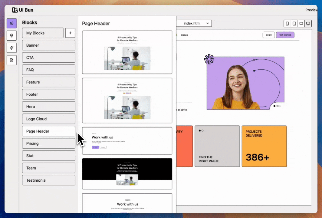 UiBun editor drag & drop interface